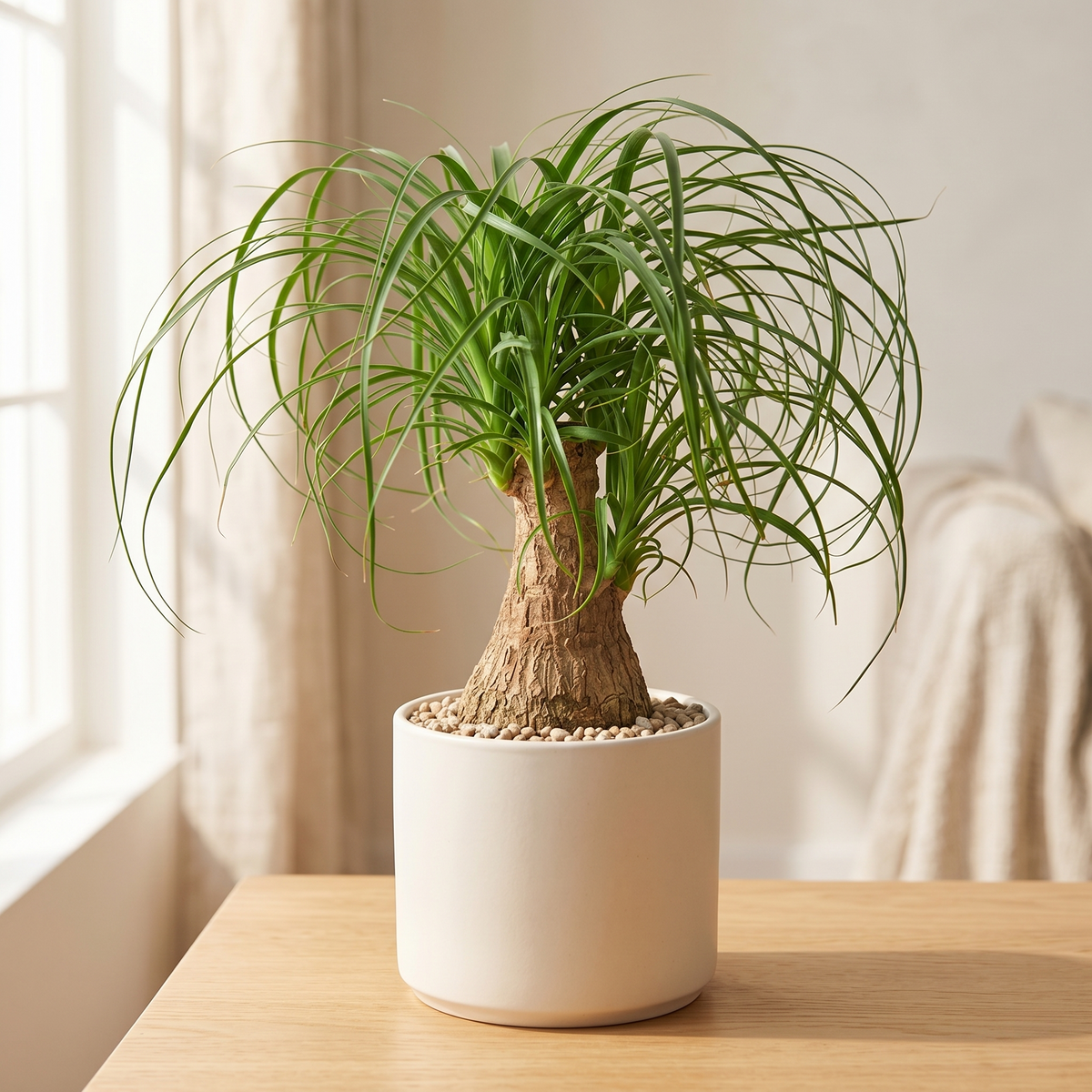 Palm Ponytail in a white pot in a sunny room