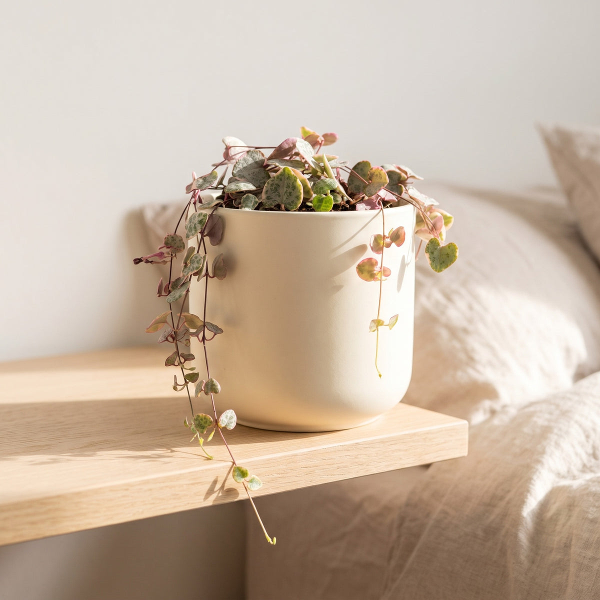 String of Hearts Variegated in a white ceramic pot